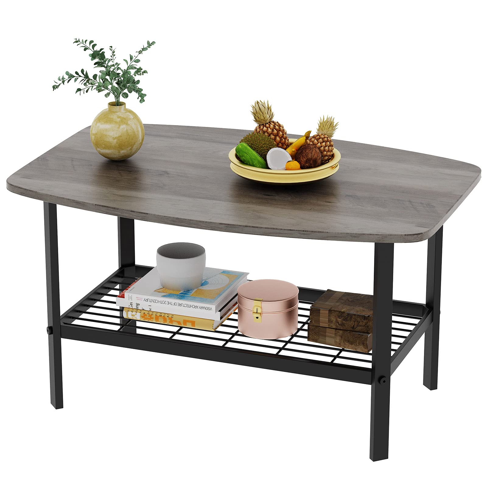 Modern Oval Coffee Table for Living Room - 2-Tier Wooden Finish with Metal Storage Shelf, Small Center Table for Home Decor | Perfect for Small Spaces, Apartments & Cozy Living Rooms