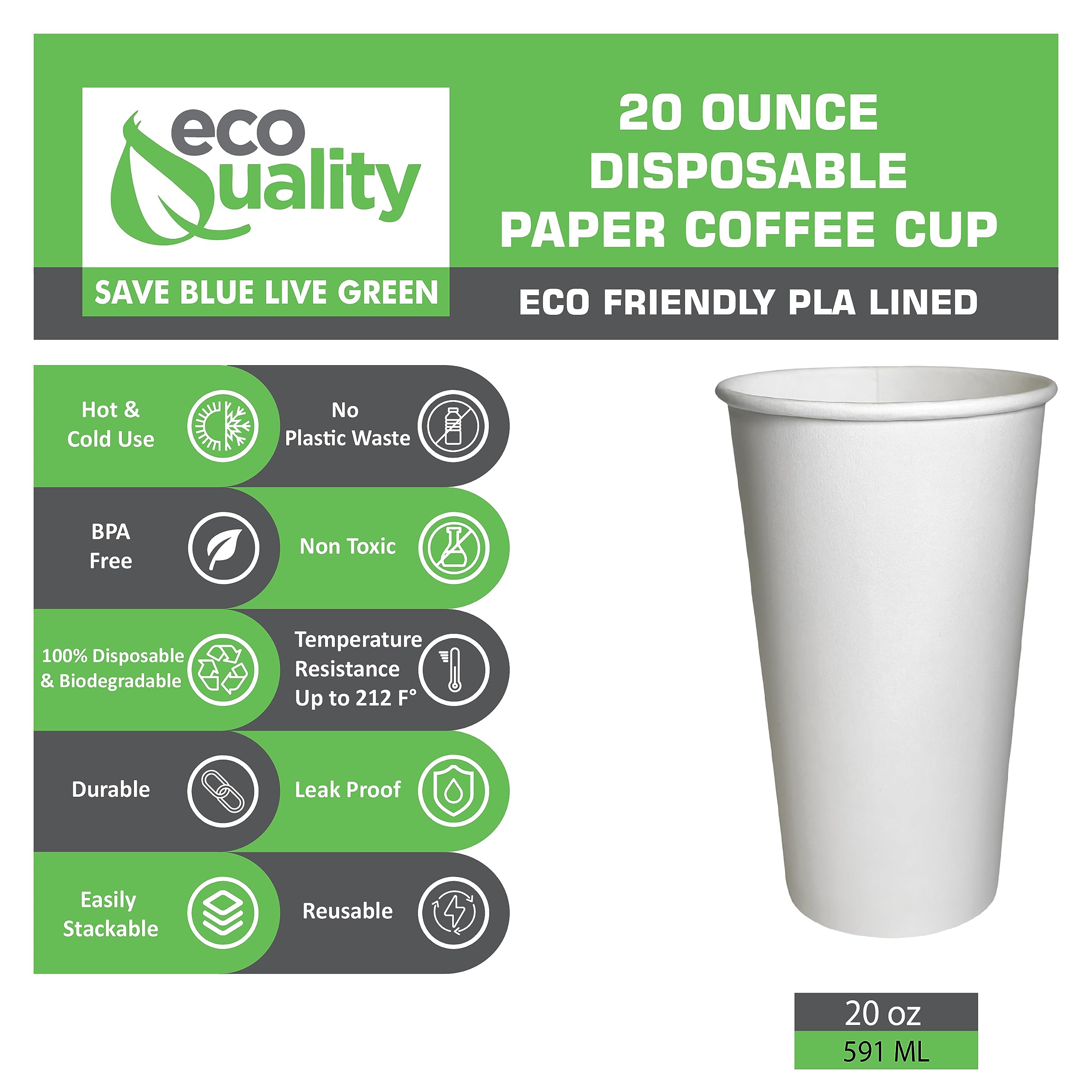 20oz White Disposable Paper Coffee Cups - Extra Large 20 Ounce (500 Pack) for Hot Drinks, Tea, Coffee, Cappuccino, Hot Chocolate - Recyclable & Eco-Friendly - Perfect for Office, Travel, Home & Cafes