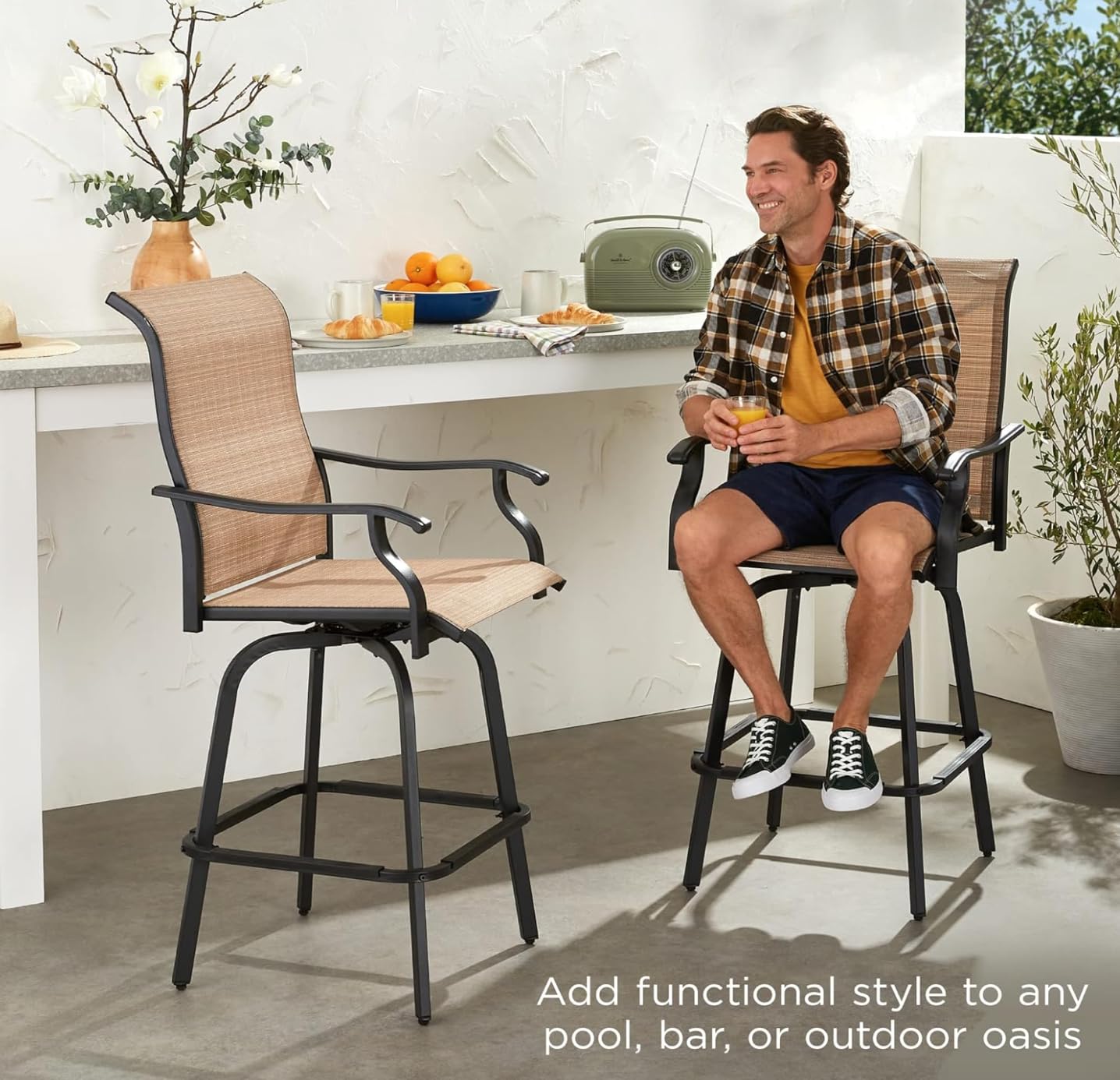 360° Swivel Outdoor Bar Stools - Textilene Mesh All-Weather Patio Chairs, Set of 2 - Perfect for Backyard, Poolside & Bistro Dining - Durable Patio Furniture for Outdoor Entertaining