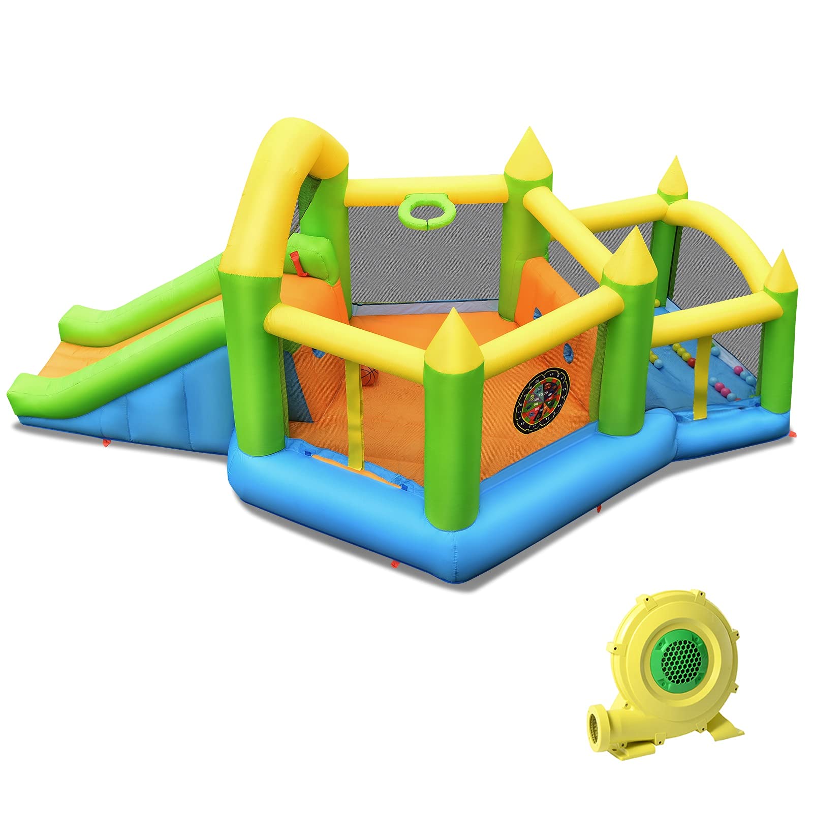 GOFLAME Inflatable Bounce House for Kids - Blow Up Jumping Castle with Slide, Ball Pit & Basketball Hoop - Includes 735W Air Blower, Carry Bag, Repair Kit & Stakes - Perfect for Birthday Parties, Backyard Fun & Outdoor Play