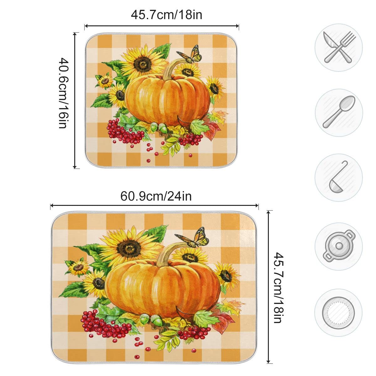 Sunflower Autumn Pumpkin Microfiber Dish Drying Mat - Absorbent Kitchen Counter Protector, 16x18 Inch, Perfect for Countertops, Sink Areas, and Dish Racks