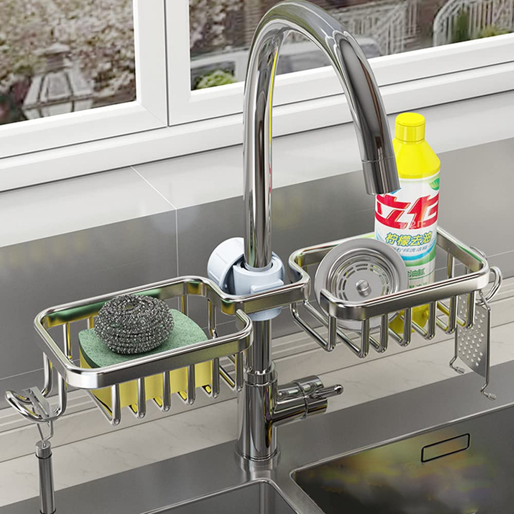 Upgraded Faucet Sponge Holder with Dish Towel Drying Rack & Hooks - Over Sink Organizer for Kitchen, Double Silver - Perfect for Small Spaces & Clutter-Free Countertops