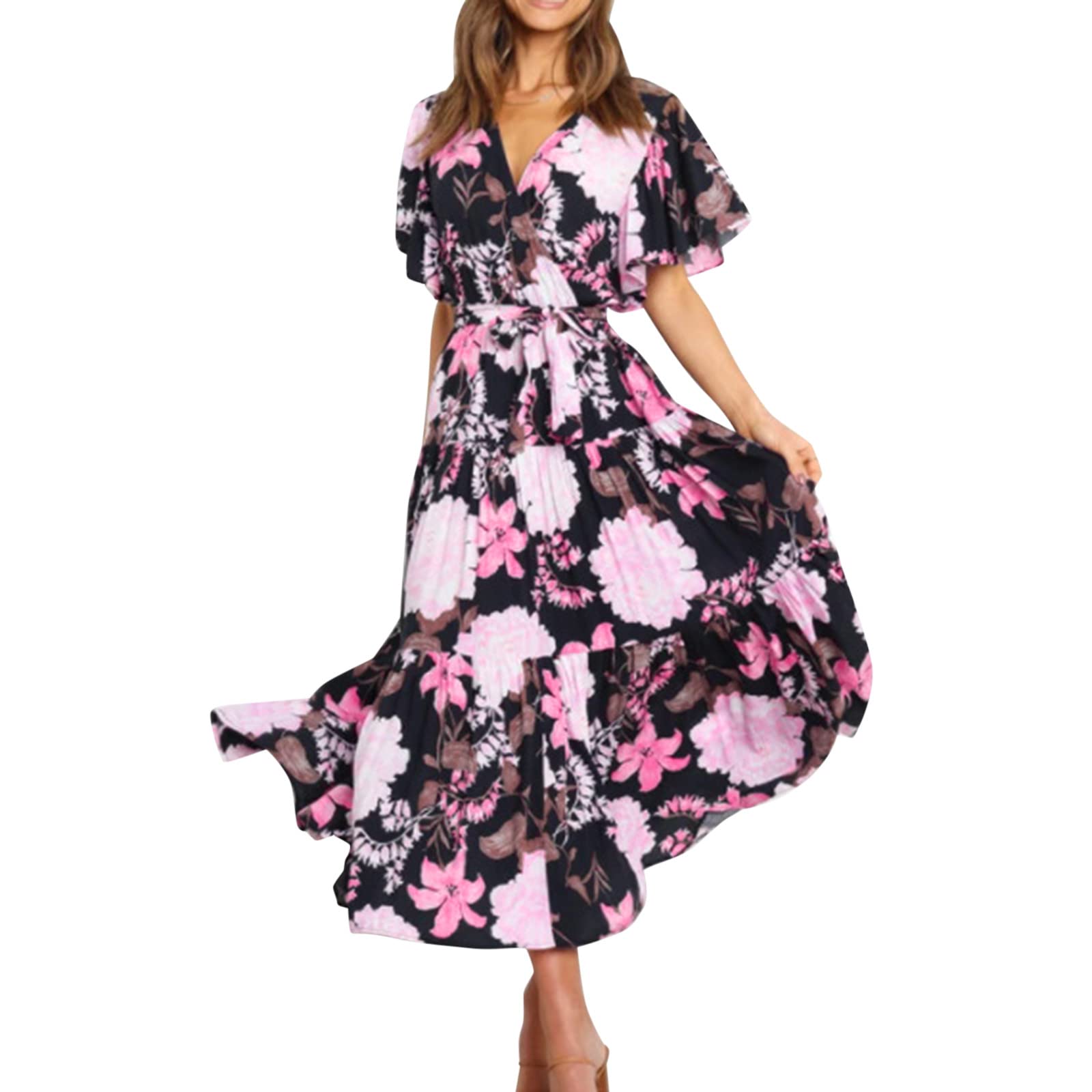 Elegant Summer Wedding Guest Dress for Women - Floral Lace V-Neck Short Sleeve Maxi Dress with Back Tie Detail | Perfect for Garden Weddings, Cocktail Parties & Formal Occasions