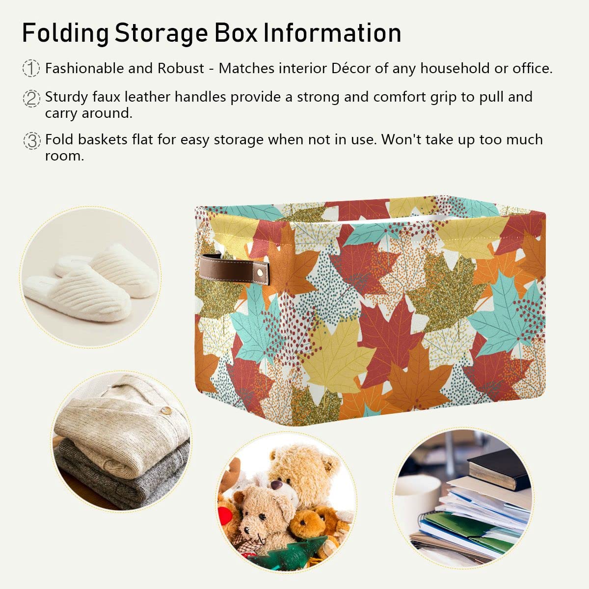 Foldable Fabric Storage Bin - 16x12x8 Inch Laundry Basket, Organizer for Baby Clothes, Dog Toys & Books | Autumn Maple Leaf Design | Perfect for Shelves, Closets & Home Organization | Durable Storage Solution for Seasonal Decor & Household Items