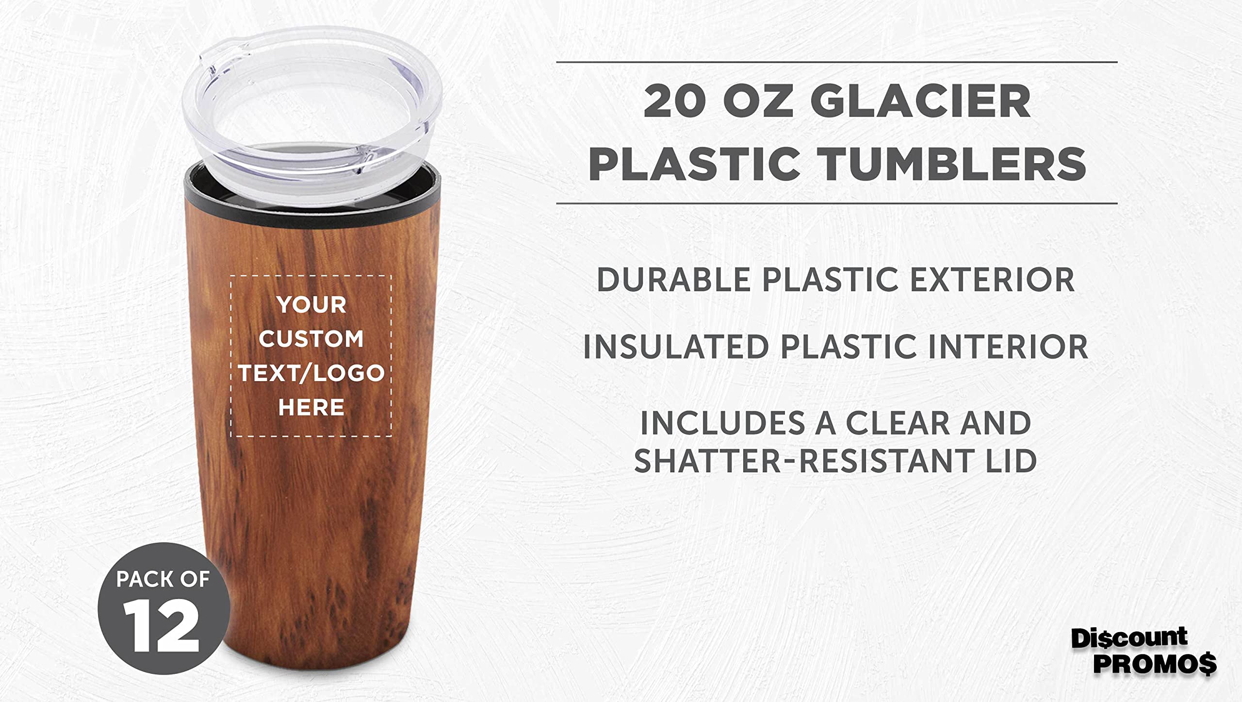 12-Pack Custom 20 oz Plastic Tumblers with Lids - Insulated Personalized Coffee Cups for Travel, Office & Outdoor Use - Bulk Pack Wood Design