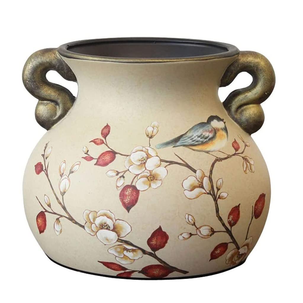 European Retro Big Belly Ceramic Vase with Double Handles - Beige Home Decor for Dry Flowers & Artificial Plants | Perfect Tabletop Decoration Gift for Living Room, Bedroom & Office