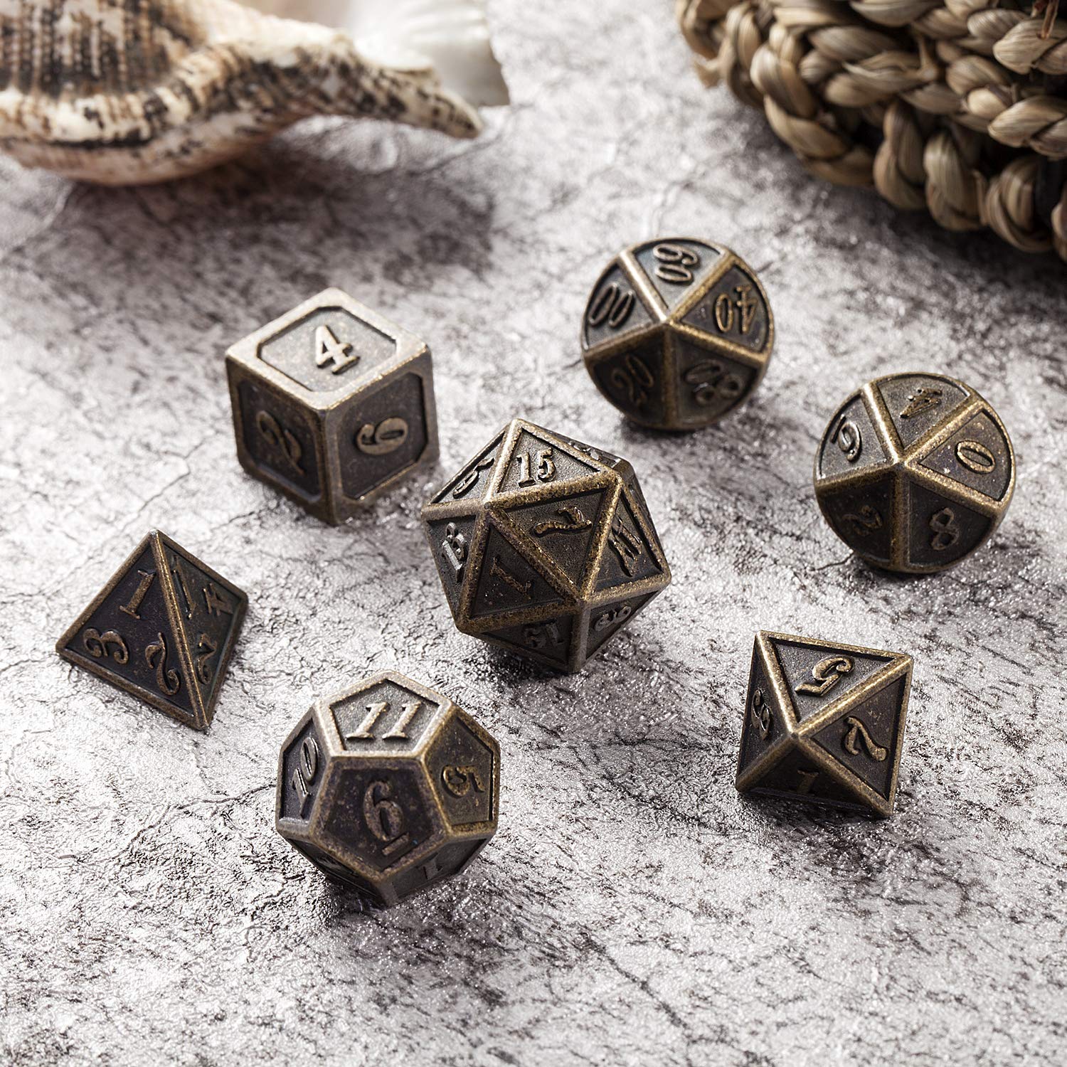 7PCS Ancient Design Brass DND Metal Dice Set with Premium Metal Box - Perfect for Dungeons & Dragons, Tabletop RPG Games, and Collectors (Dungeon Master Accessories)