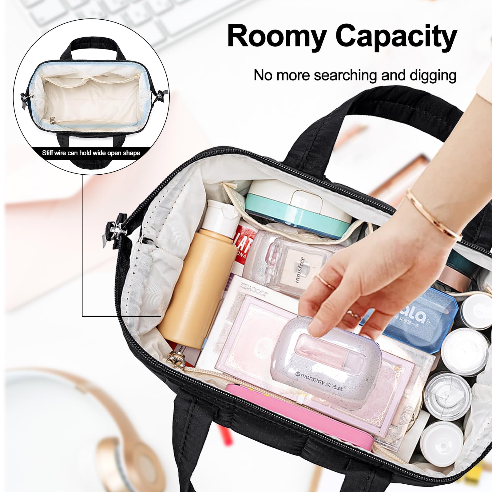 BTOOP Large Makeup Bag for Women - Cute Quilted Cosmetic Organizer with Wide Opening, Travel Toiletry Bag for Essentials (Black) - Perfect for Travel, Gym, and Daily Makeup Storage