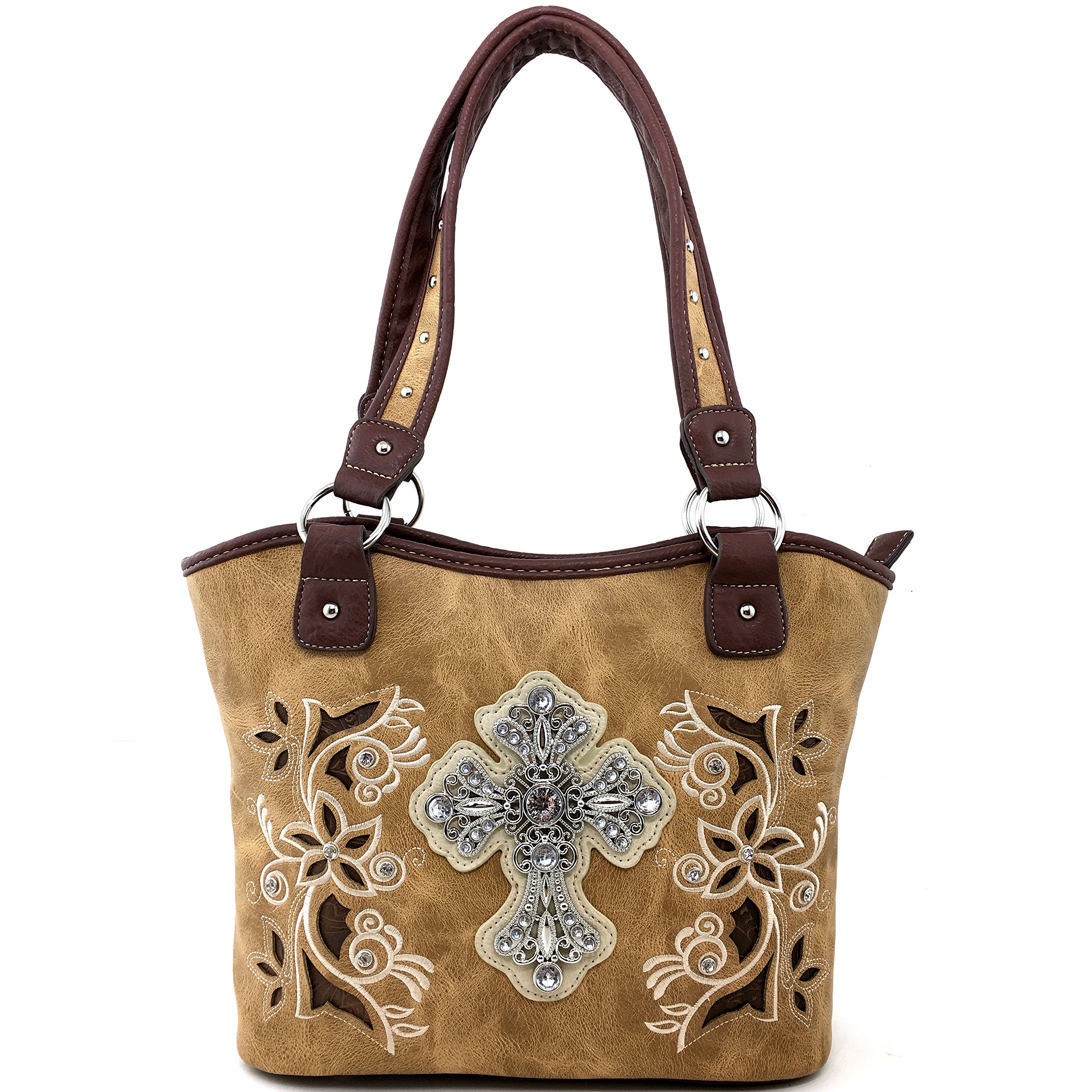 Justin West Floral Embroidery Silver Cross Concealed Carry Handbag - Women's Fashion Crossbody Purse with Hidden Wallet Compartment for Church, Date Night & Everyday Use