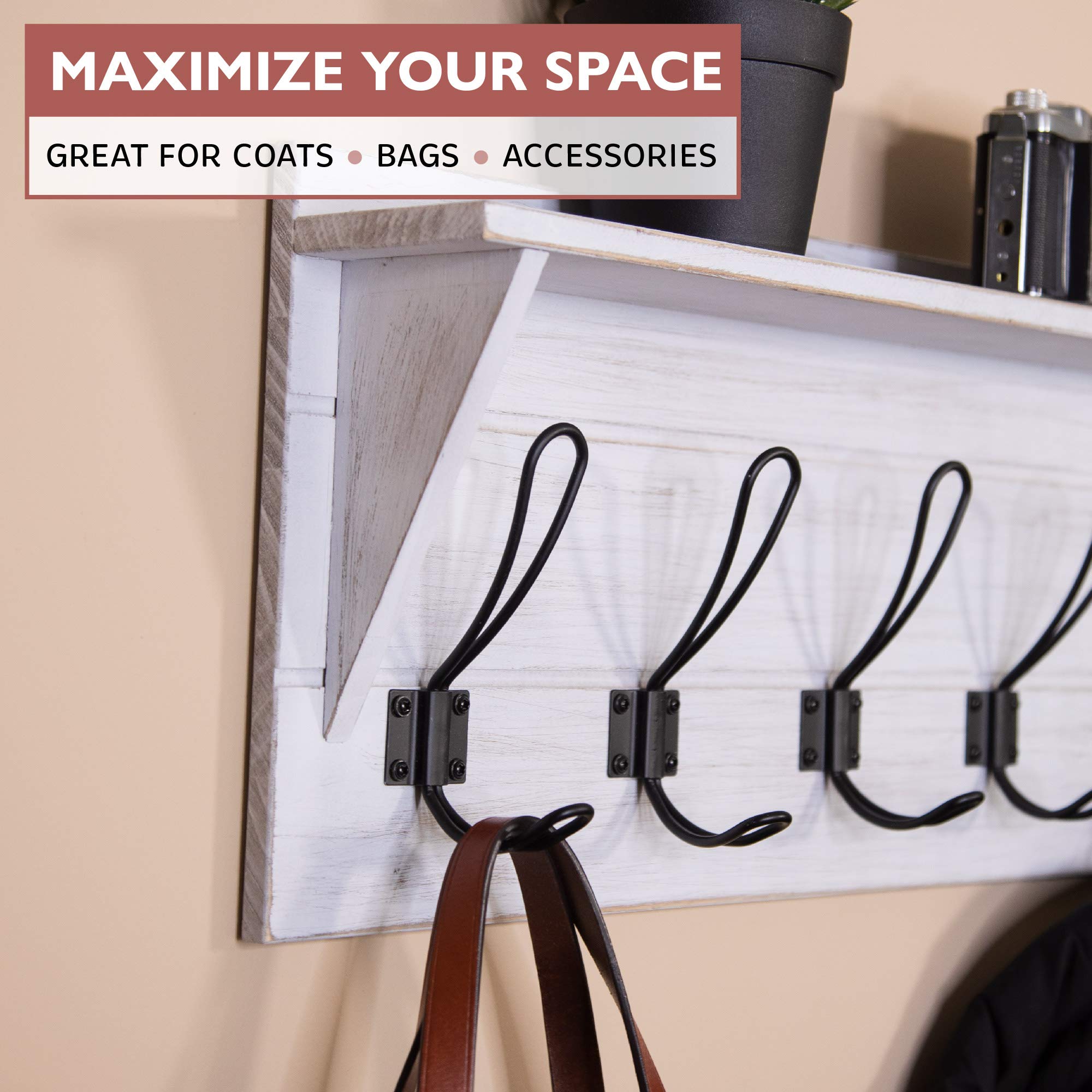 Ilyapa White Wall Mount Coat Rack with Shelf - 6 Metal Hooks for Hats, Jackets & Accessories - Rustic Wooden Entryway Organizer for Kitchen, Bedroom, Hallway & Mudroom - Perfect for Small Space Storage & Home Decor