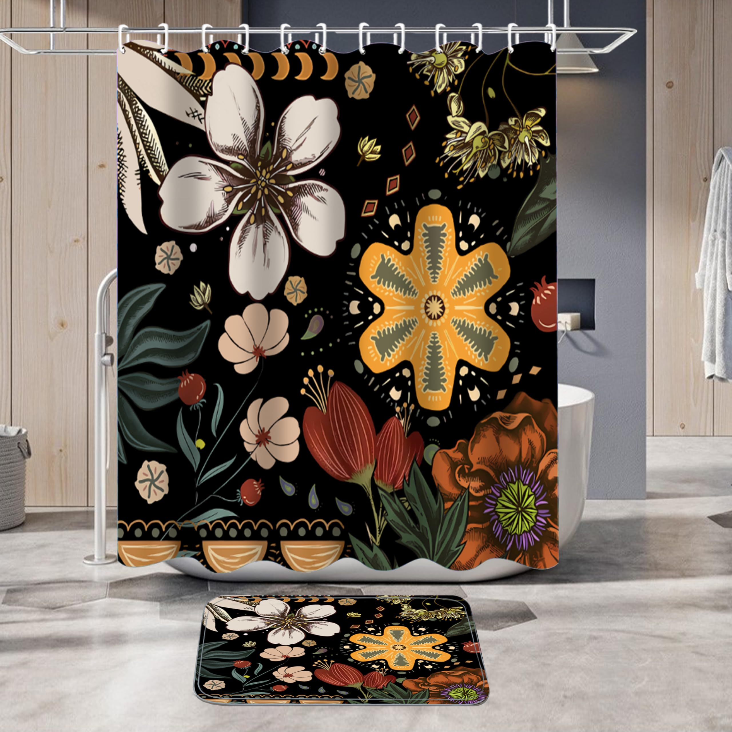 Boho Shower Curtain Set - 4 Piece Black Bathroom Decor with Waterproof Shower Curtain, Non-Slip Rugs & Hooks | Modern Bathroom Accessories for Spa, Hotel & Home Decor