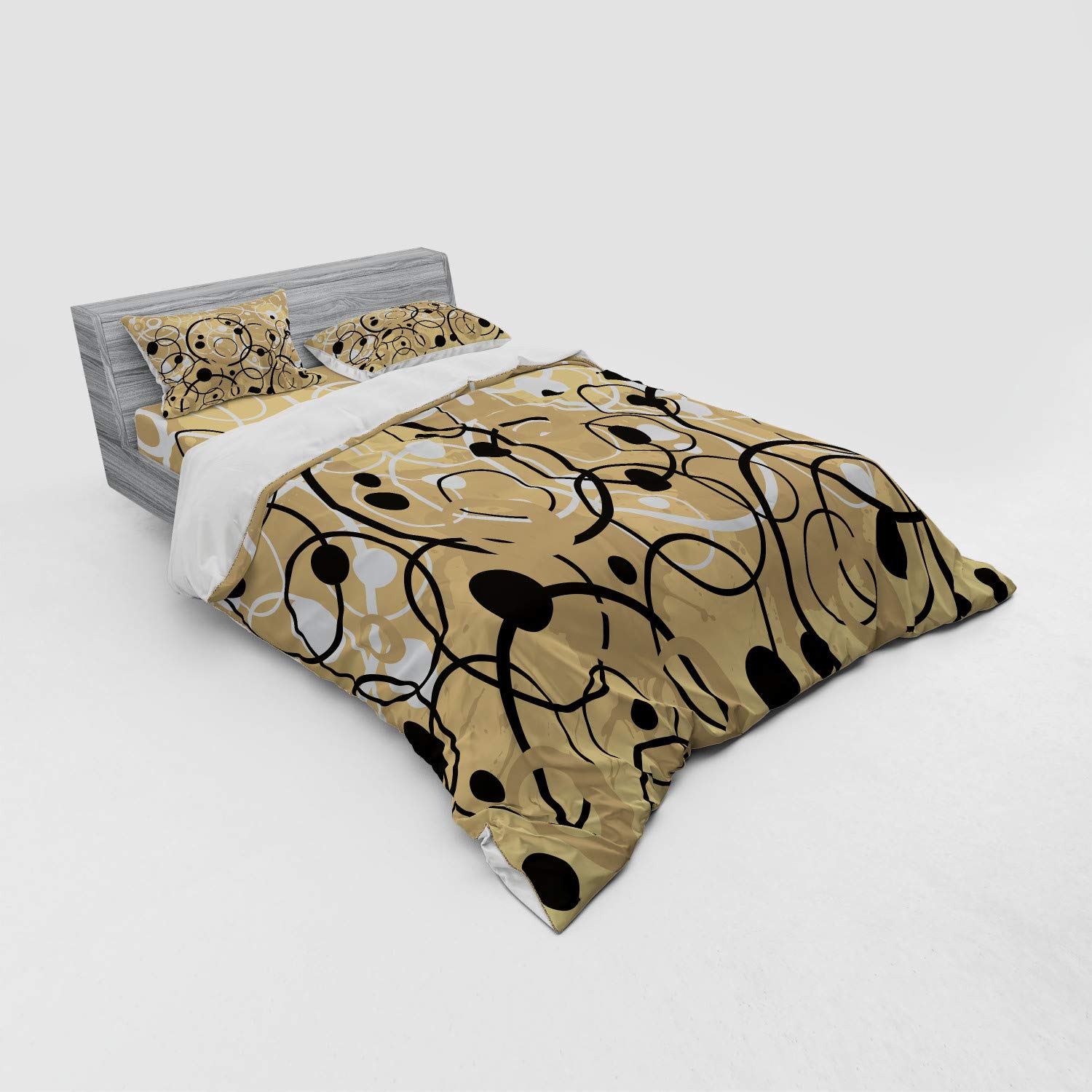 Ambesonne Tan Bedding Set - Queen Size 4-Piece Duvet Cover with Shams & Fitted Sheet, Retro Grunge Circles & Dots Print in Black White Tan | Boho Chic Bedroom Decor for Teens & Adults