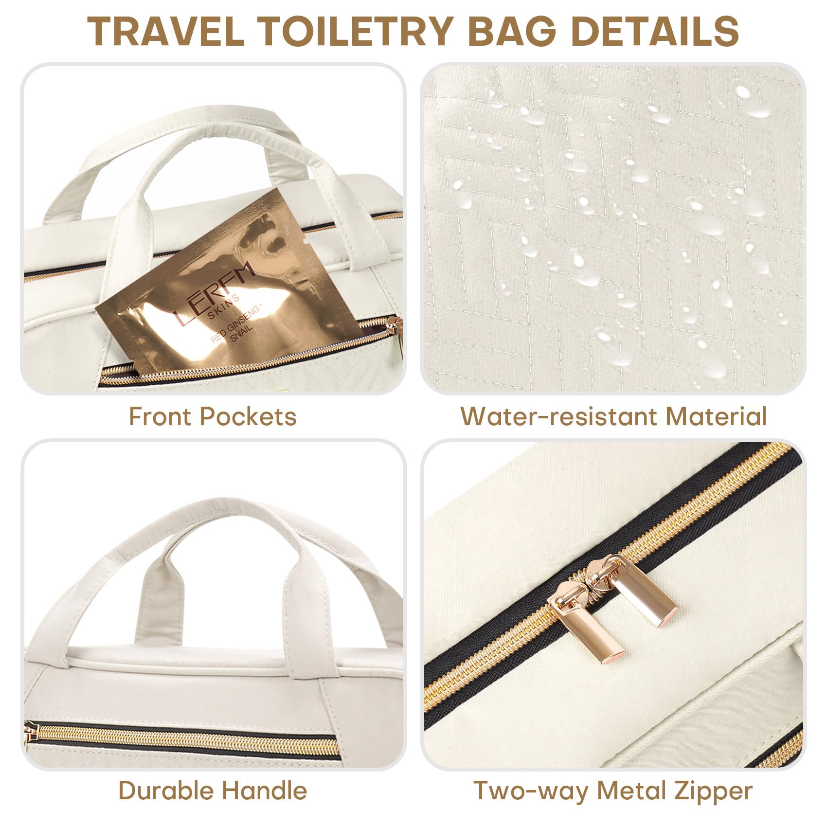Hanging Travel Toiletry Bag for Full-Size Toiletries & Cosmetics - Medium Beige Organizer with Hook for Brushes, Makeup & Essentials | Perfect for Air Travel, Camping & Gym