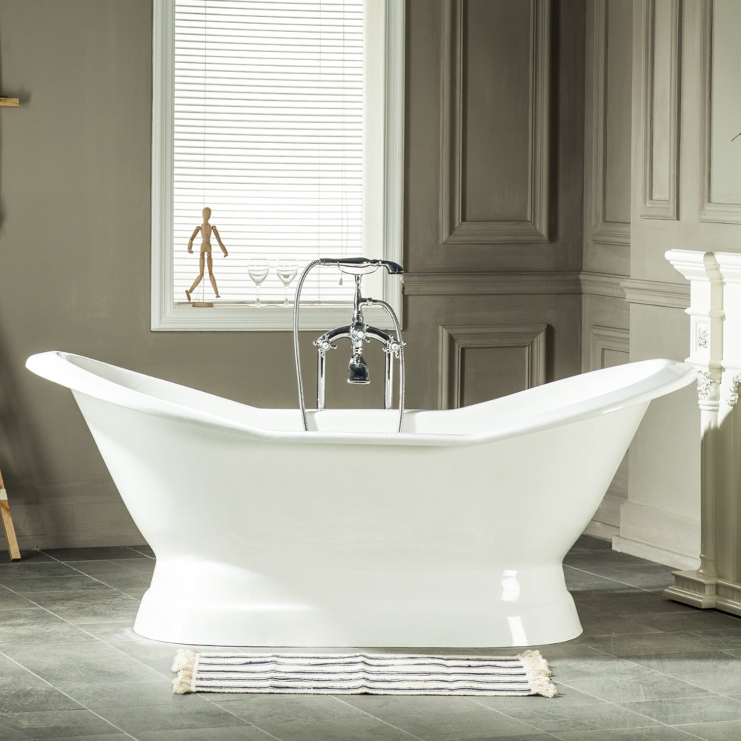 Aqua Eden 72 Inch White Cast Iron Oval Double Slipper Pedestal Bathtub - No Faucet Drillings | Freestanding Soaking Tub for Luxury Bathroom & Spa Relaxation