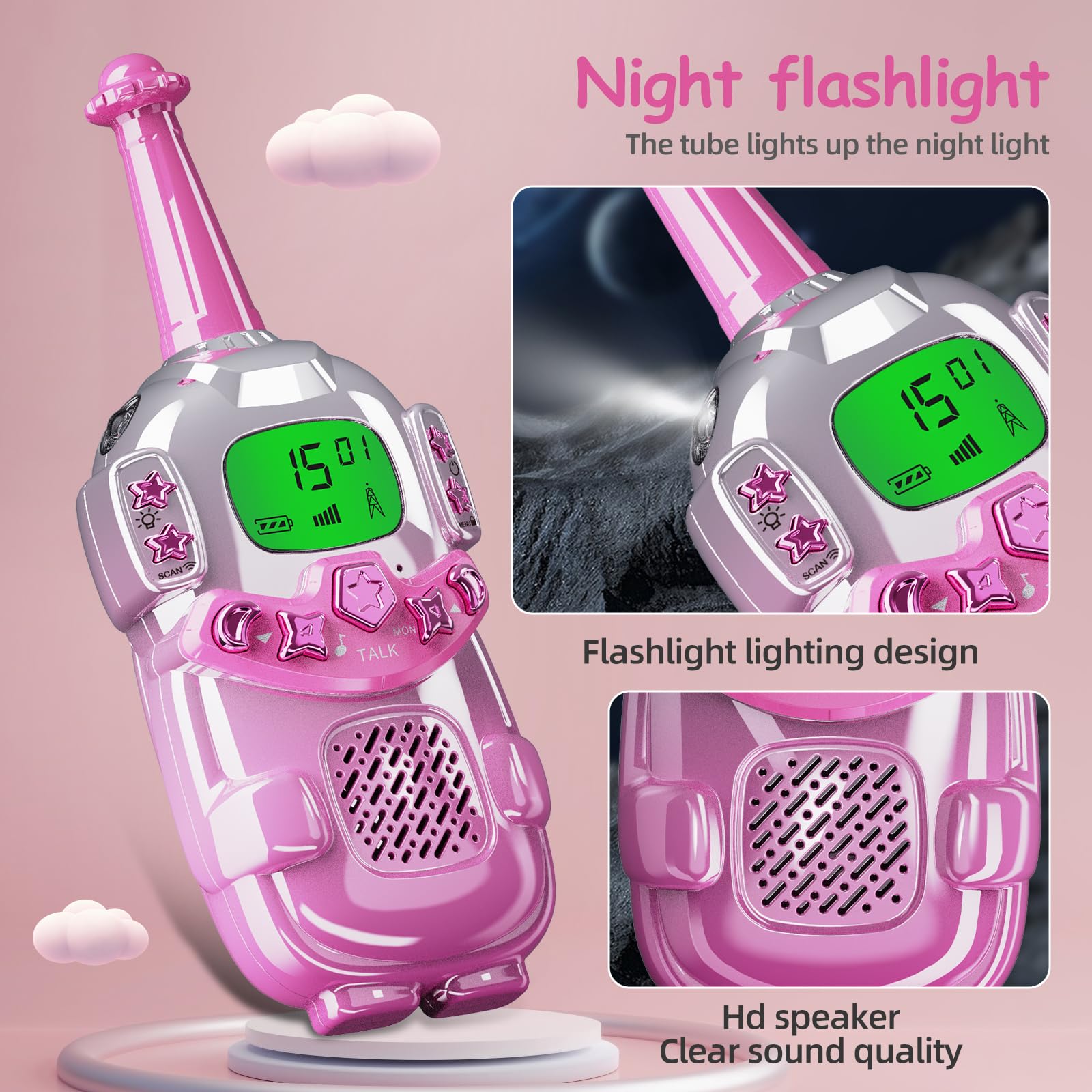 Mini Robot Walkie Talkies for Kids 2 Pack - Kids Walkie Talkies with LCD Backlit Screen & Flashlight, 3KM Long Range - Perfect Birthday Christmas Gift for Boys Girls Age 3-12 - Ideal for Camping, Hiking, Outdoor Adventures & Indoor Play (Pink)