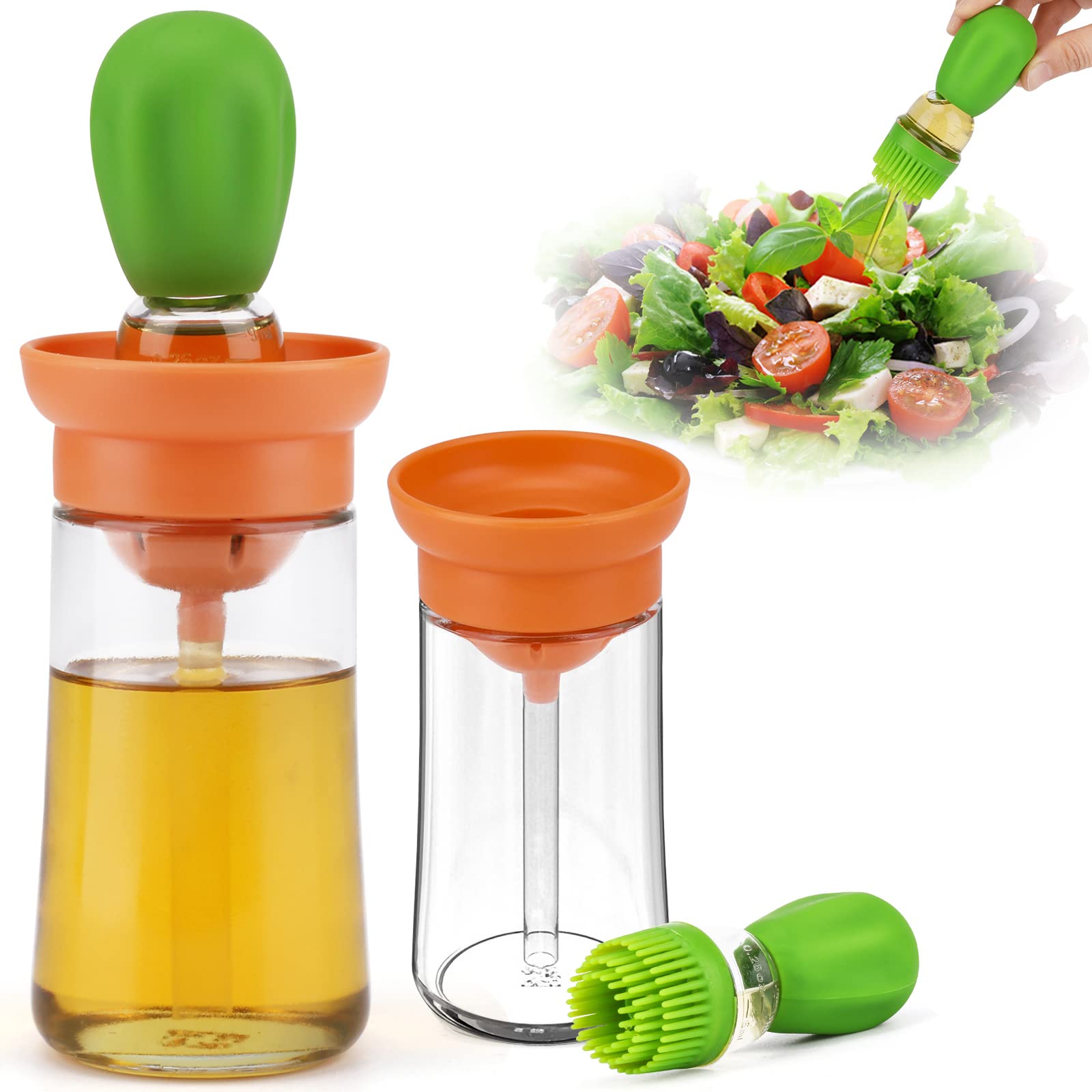 TOOVREN 2-in-1 Glass Olive Oil Dispenser with Brush - 12oz Kitchen Oil Bottle with Measuring Spout & Basting Brush - Perfect for Baking, BBQ Grilling, Salad Dressing & Home Cooking