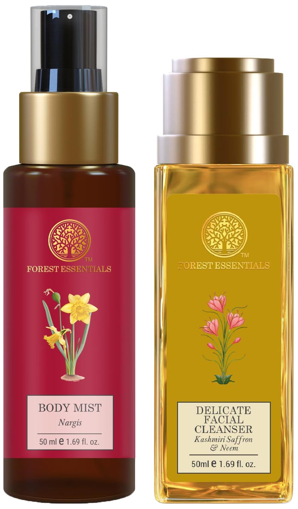 Forest Essentials Travel Size Body Mist - Nargis Fragrance & Delicate Facial Cleanser with Kashmiri Saffron & Neem | Skincare Combo for Travel & Daily Routine