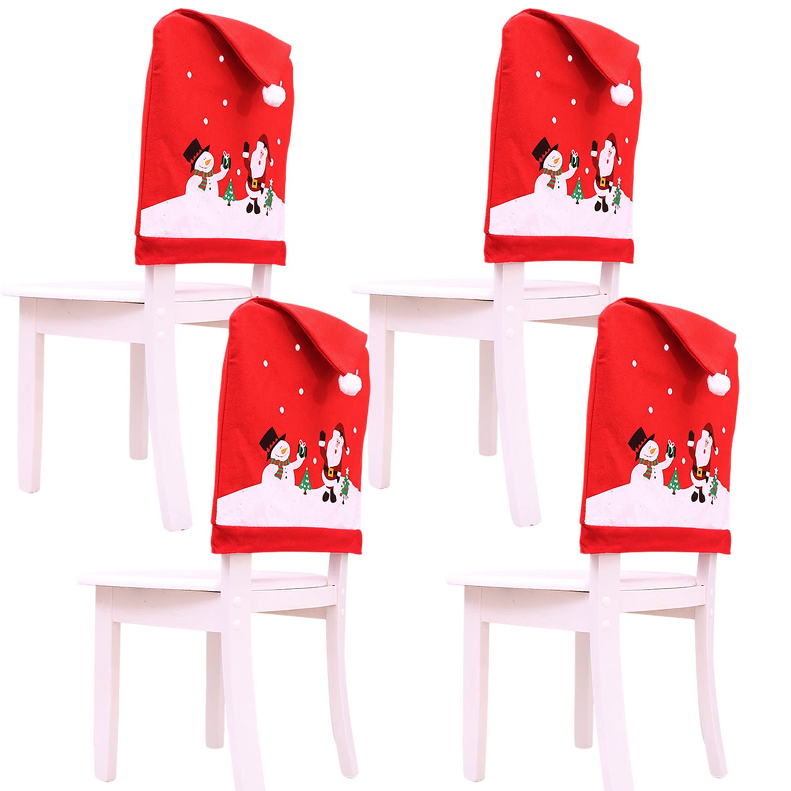 Qubjus 4 Pack Christmas Chair Covers - Santa Snowflake Snowman Slipcovers for Dining Room, Kitchen & Restaurant Holiday Decor | Perfect for Christmas Parties, Home Decor & Festive Gatherings