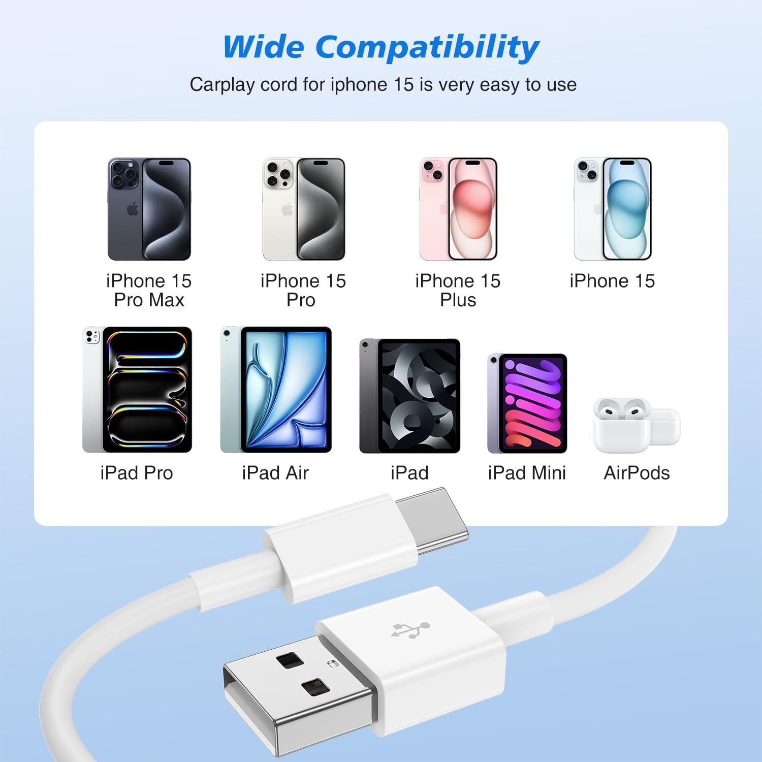 2-Pack USB C to USB Car Charger Cable for iPhone 15/16 Series - Fast Charging Cord Compatible with iPhone 16 Pro Max/16 Pro/16/15 Pro Max/15 Plus/15 - Perfect for Apple CarPlay & Road Trips