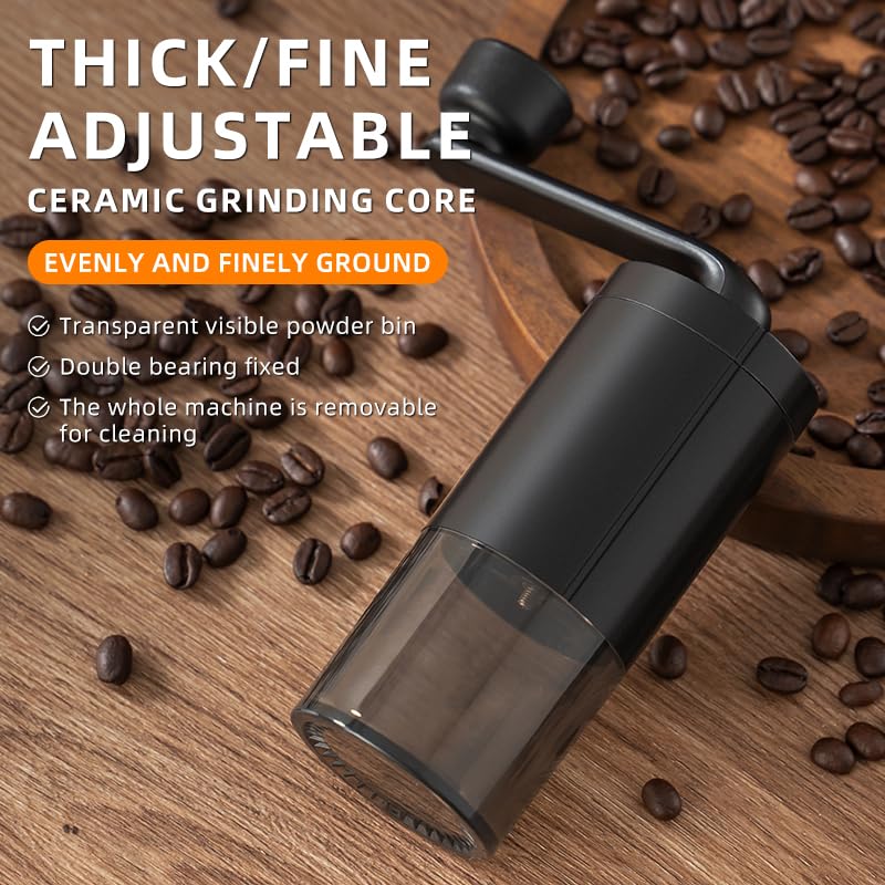 Premium Manual Conical Burr Coffee Grinder with Ceramic Mill - Adjustable Hand Crank Coffee Maker for Espresso, French Press & Pour Over - Portable Travel & Camping Coffee Grinder with Visible Powder Bin - Perfect for Home, Office, Outdoor Adventures & Gifts