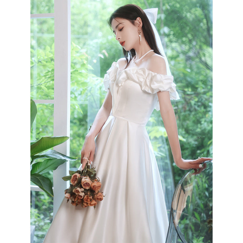 Off Shoulder Satin White Wedding Dress - A-Line Prom Gown with Lace Details | Perfect for Bridal, Formal Events & Special Occasions