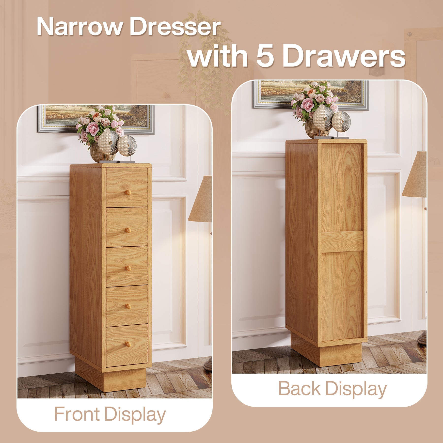 5 Drawer Wooden Chest - Narrow Dresser with Storage Drawers for Bedroom, Living Room & Office Organization