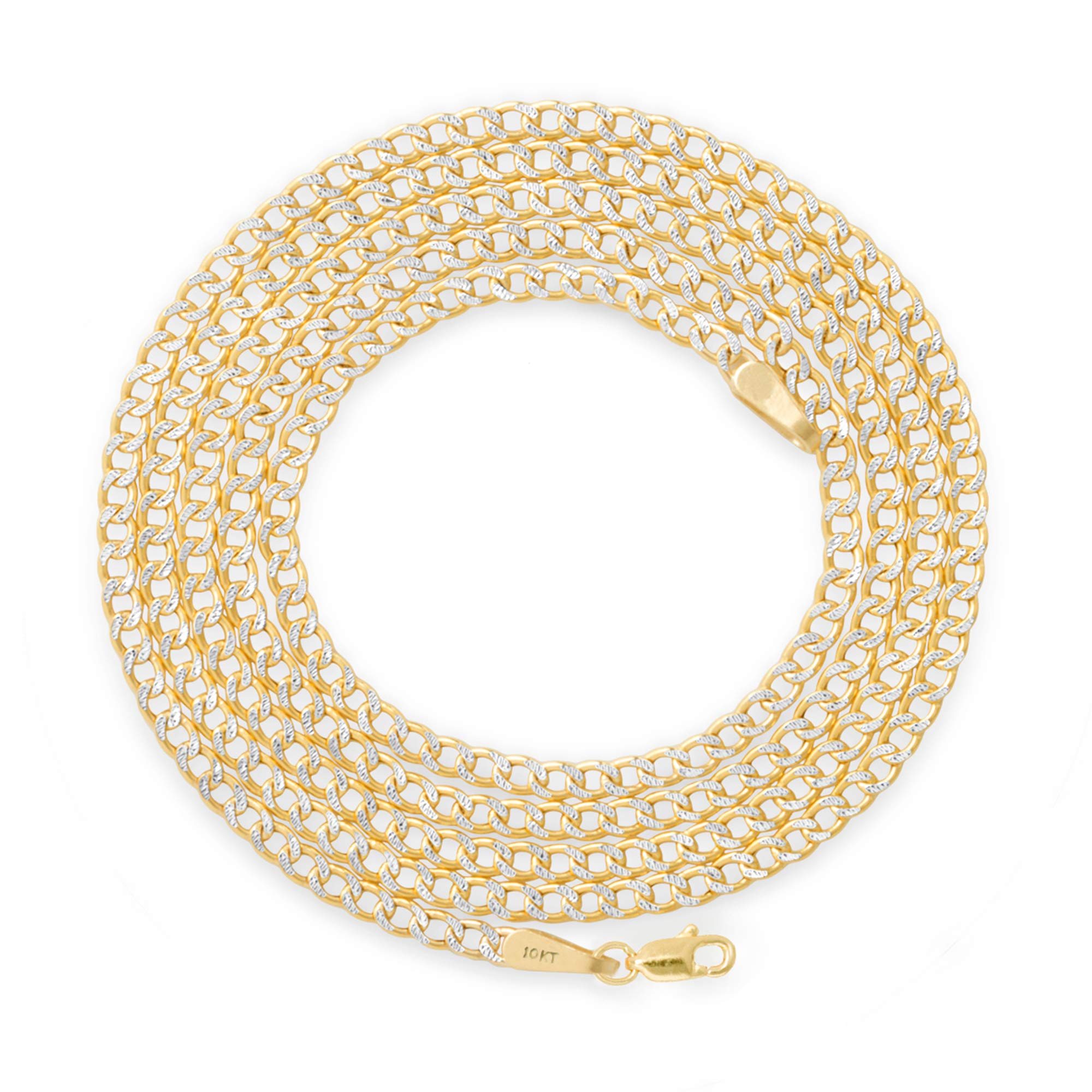10k Real Yellow Gold Cuban Curb Link Chain Necklace - 2mm Diamond Cut Pave Design (16