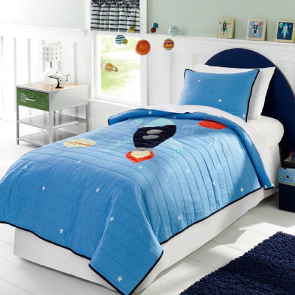 Blue Space Rocket Quilted Bedspread for Boys & Kids - 100% Cotton Toddler Comforter Coverlet (82x90 Inches / 208x230cm) - Perfect for Nursery, Bedroom Decor & Gift