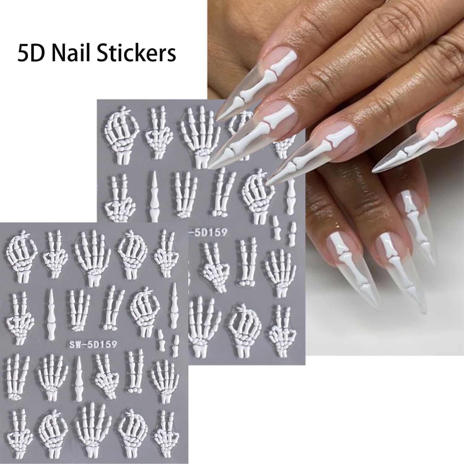 2 Sheets Halloween Nail Art Stickers - 5D Embossed White Skull & Skeleton Bones Nail Decals for Women - Spooky DIY Manicure Supplies for Halloween Parties, Cosplay & Nail Salon Designs