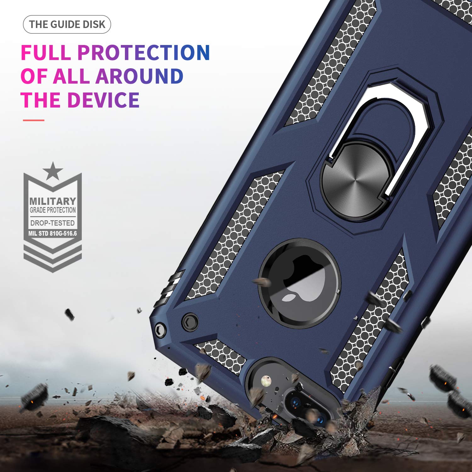 LeYi Shockproof Military-Grade iPhone 8 Plus/7 Plus/6s Plus/6 Plus Case with Tempered Glass Screen Protector [2 Pack] & Ring Kickstand - Blue | Perfect for Outdoor Activities, Travel & Daily Protection