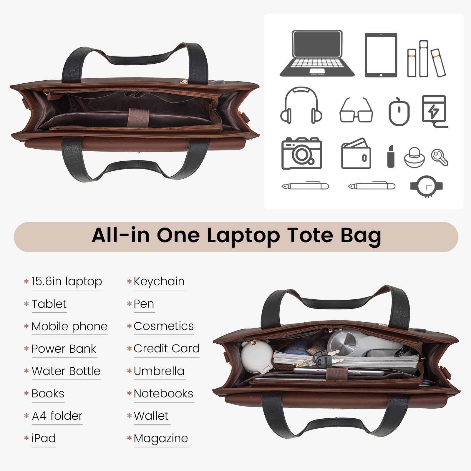 LOVEVOOK Women's Laptop Bag - Stylish & Durable Black-Brown Computer Bag for Work, School & Travel | Fits 15.6 Inch Laptops | Professional Business Tote with Multiple Pockets