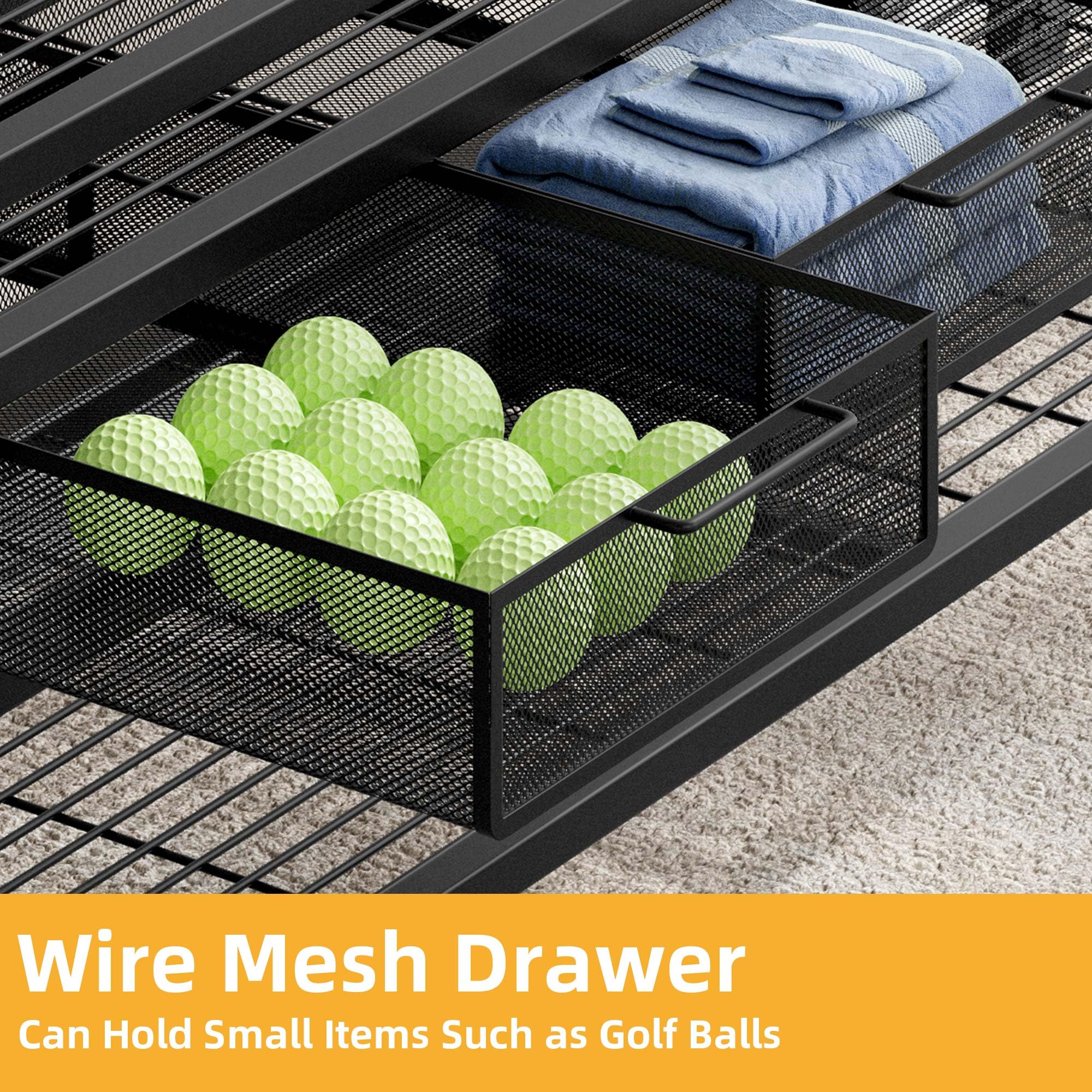 Premium Golf Bag Organizer with Wheels & Drawer - Heavy Duty Golf Storage Rack for Garage, Shed or Basement - Holds Golf Bags, Clubs, Balls & Accessories - Perfect Golf Equipment Organizer for Home & Club Storage