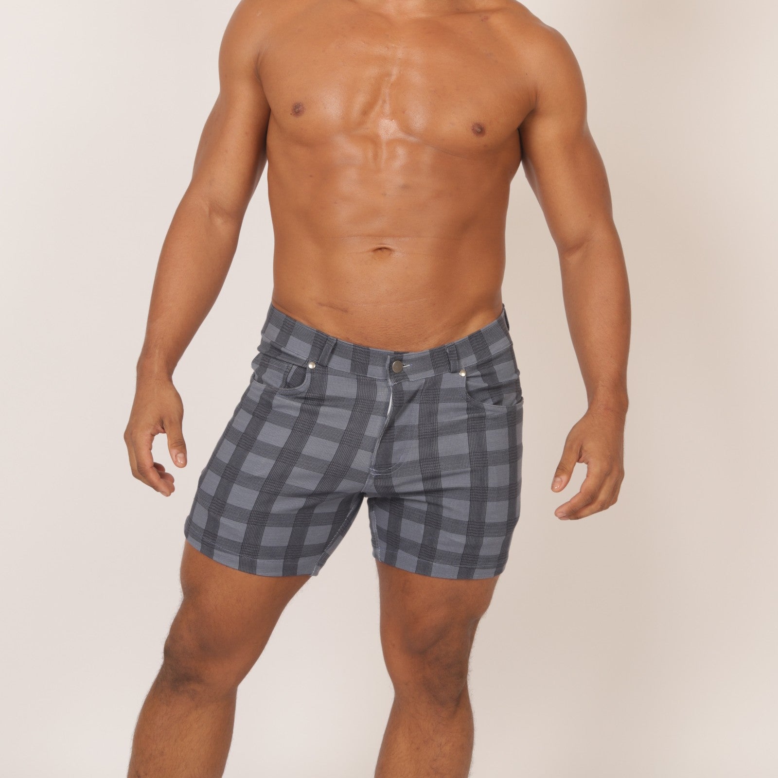 Gigo Social 5 Stretch Shorts - Blue Plaid Pattern - Comfortable Casual Wear for Men - Perfect for Outdoor Activities, Gym, and Daily Use