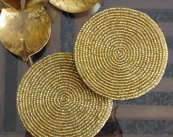Prisha India Handmade Gold Beaded Tea Coasters Set of 4 - 4 Inch Round Coasters for Tea Cups, Coffee Mugs & Hot Beverages - Elegant Table Decor for Home, Office & Gifts