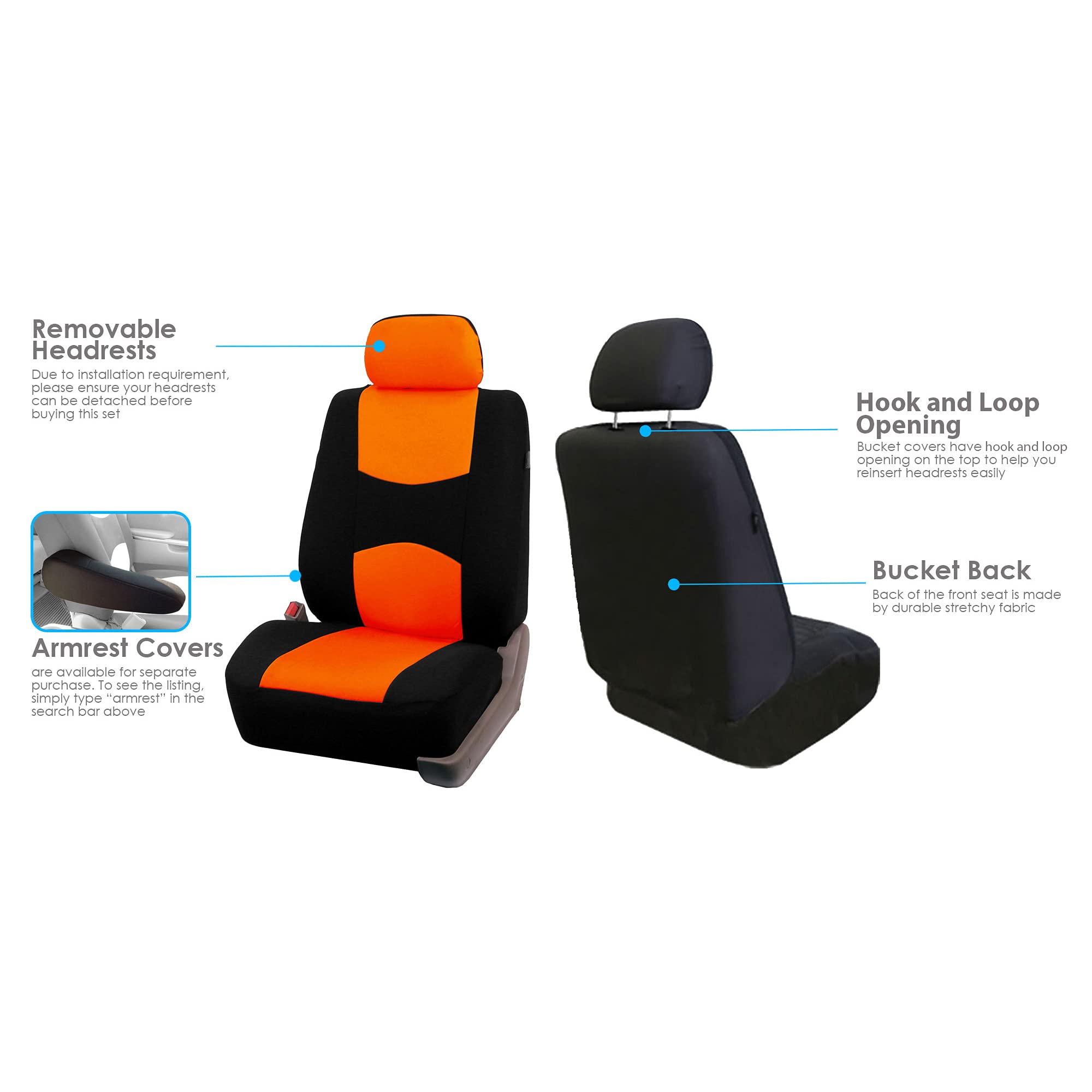 FH Group Universal Car Seat Covers - Full Set Orange Flat Cloth for Vans, Trucks & SUVs - Durable Interior Protection