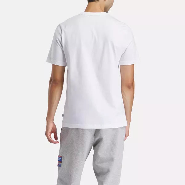 Reebok Men's Identity Badge White T-Shirt - Comfortable Cotton Crewneck Tee for Casual Wear, Gym & Everyday Outfits