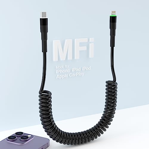 MFi Certified Coiled USB C to Lightning Cable - Fast Charging & Data Transfer for iPhone, iPad - Apple CarPlay Compatible - LED Indicator - Perfect for Car, Home & Office Use
