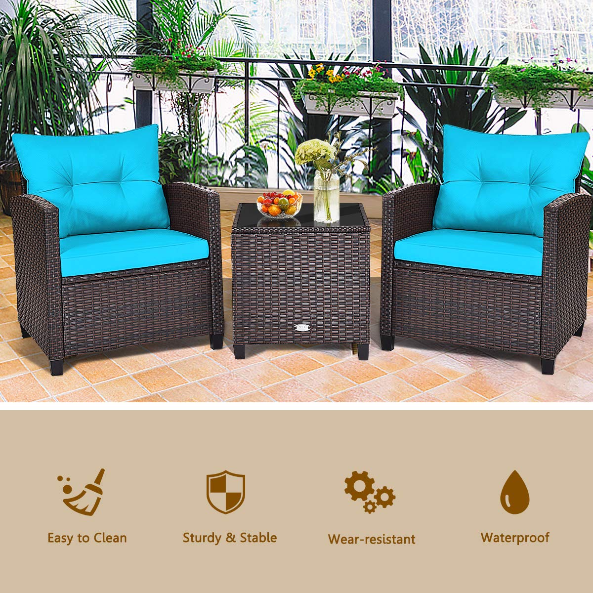 HappyGrill 3-Piece Outdoor Patio Furniture Set - Rattan Wicker Bistro Sofa with Cushions & Coffee Table - Perfect for Garden, Balcony, and Backyard Relaxation