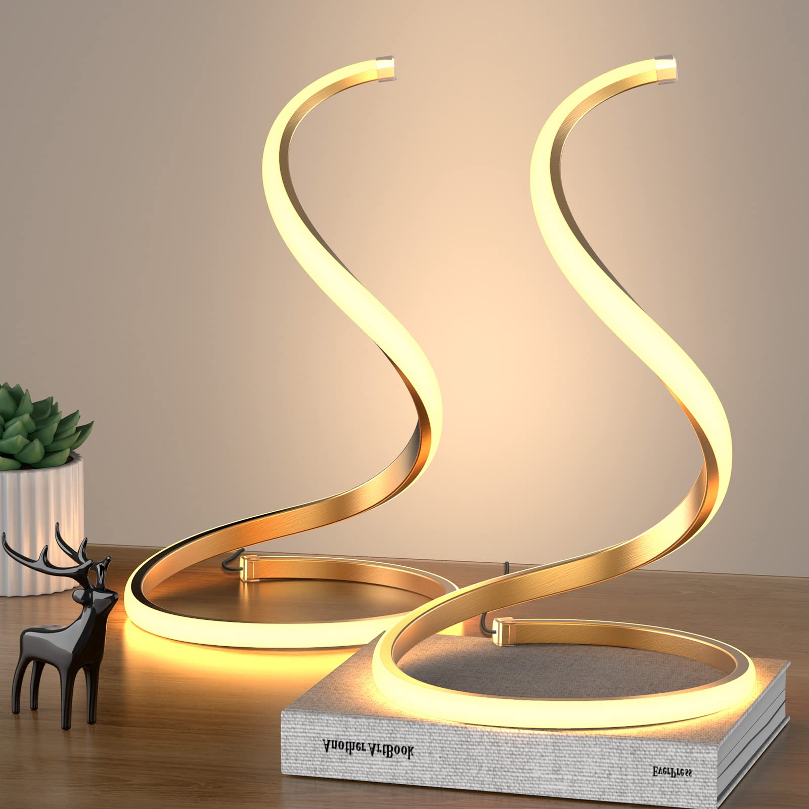 2 Pack Gold Dimmable Table Lamps for Bedroom - Modern Curved Nightstand Lamps with Stepless Dimming, Decorative Lighting for Living Room, Office & Home Decor | Perfect for Reading, Relaxing & Creating Ambiance