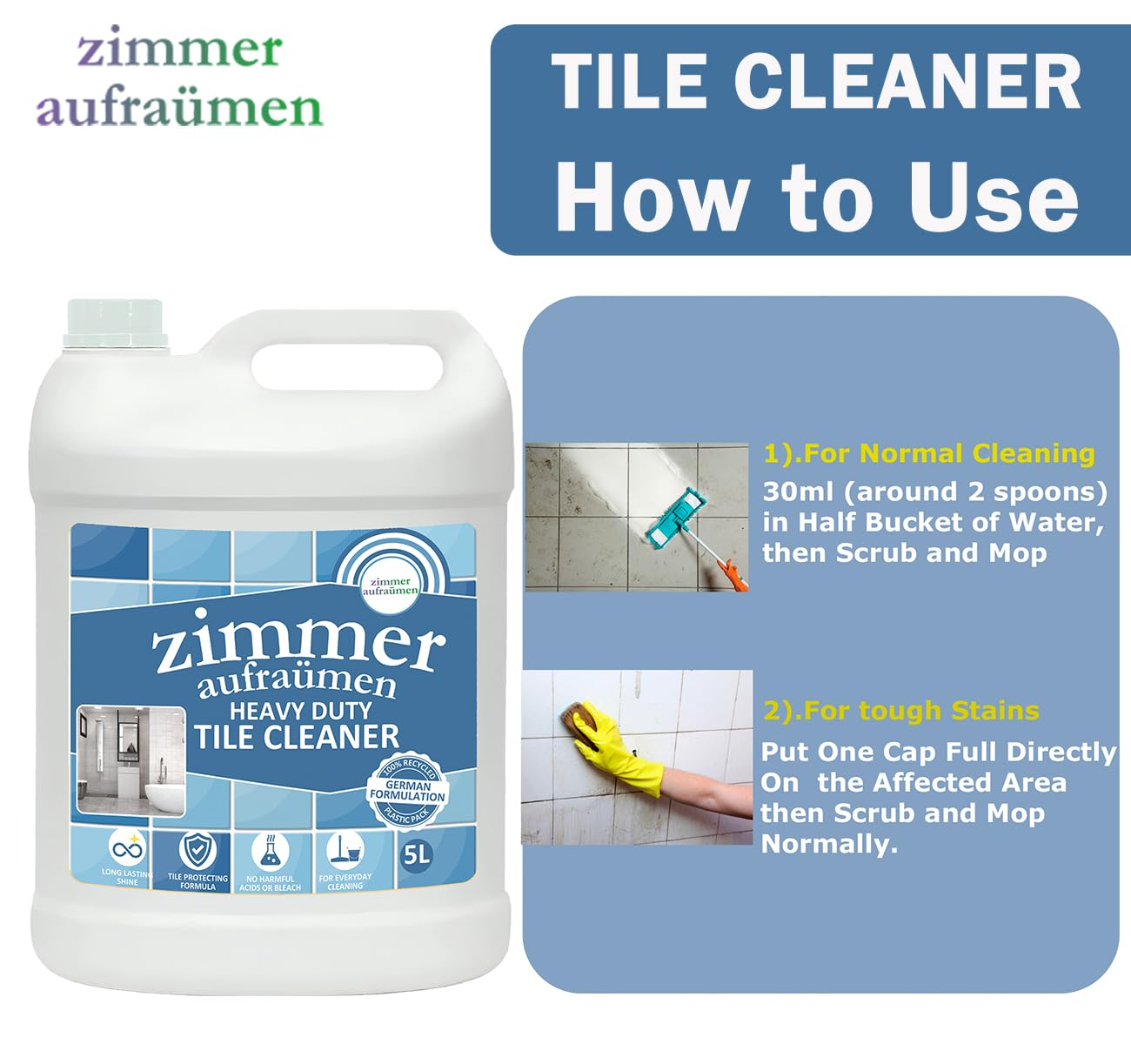 Zimmer Aufraumen Bathroom Tile Cleaner (5L) - Powerful Stain Remover for Ceramic, Porcelain & Grout - Ideal for Showers, Bathtubs & Sinks