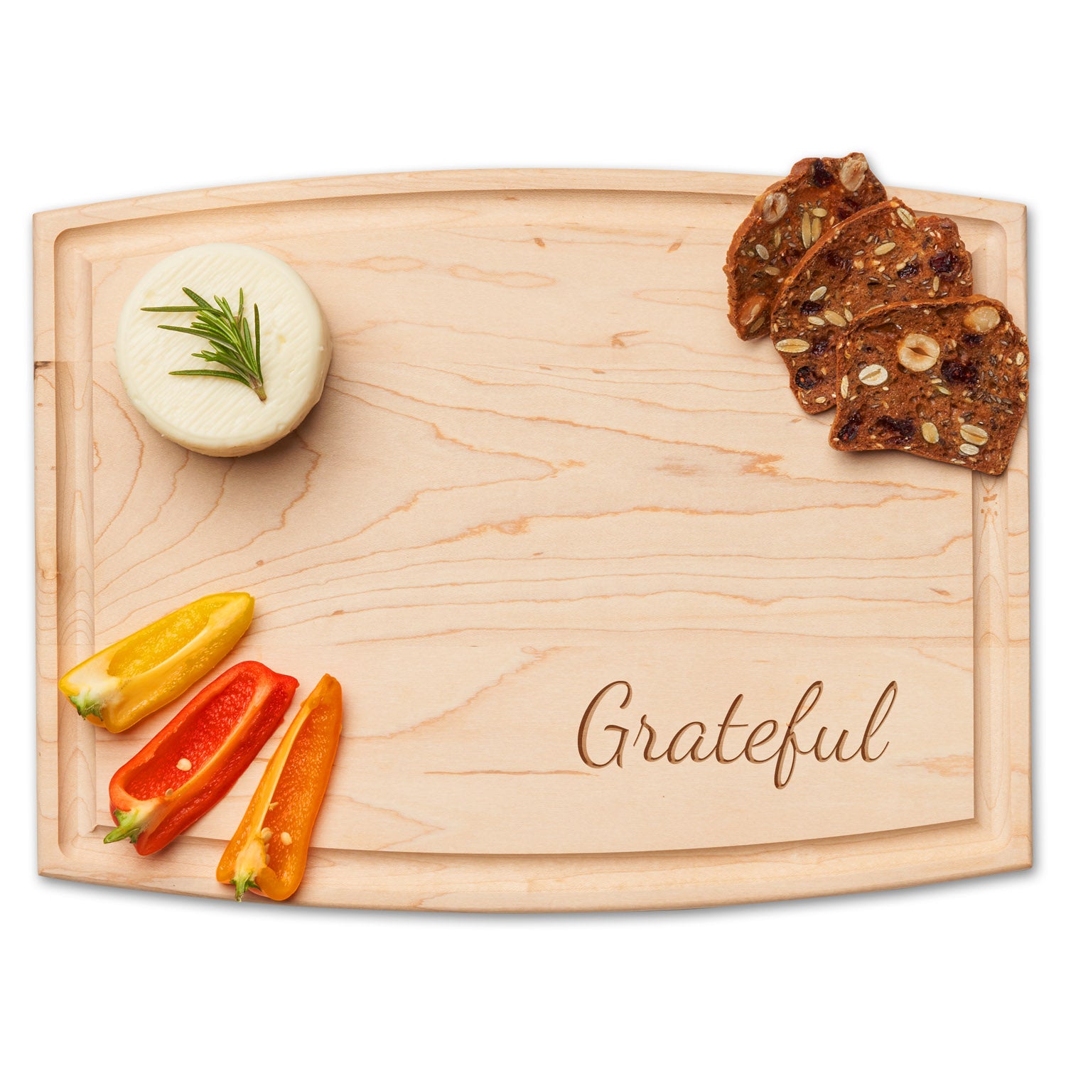 Handcrafted Arched Maple Wood Cutting Board - Grateful Engraved - 12 x 9 Inches - Perfect for Charcuterie, Cheese Serving & Kitchen Decor