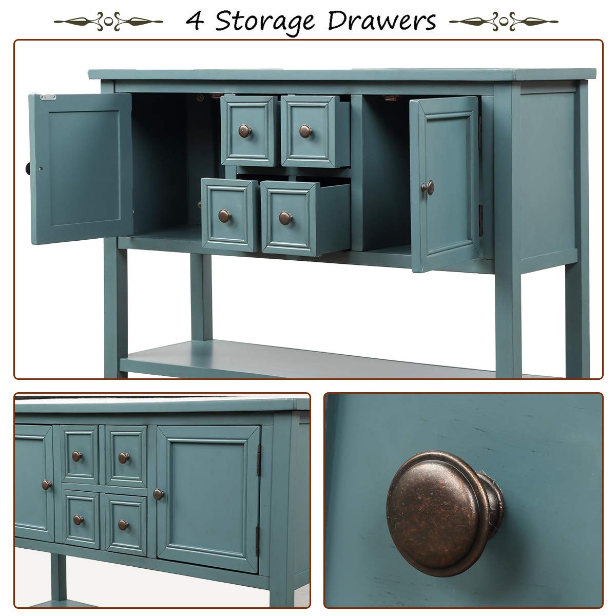 Cambridge Series Dark Blue Buffet Table - Mytunes Sideboard with Bottom Shelf, Entryway Console & Dining Room Server for Living Room, Hallway & Home Decor