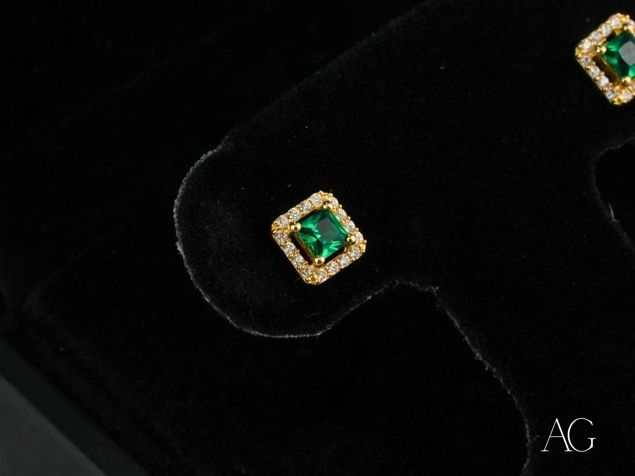 18k Gold CZ Halo Stud Earrings with Emerald Radiance - Elegant Jewelry for Women, Perfect for Weddings, Parties & Special Occasions