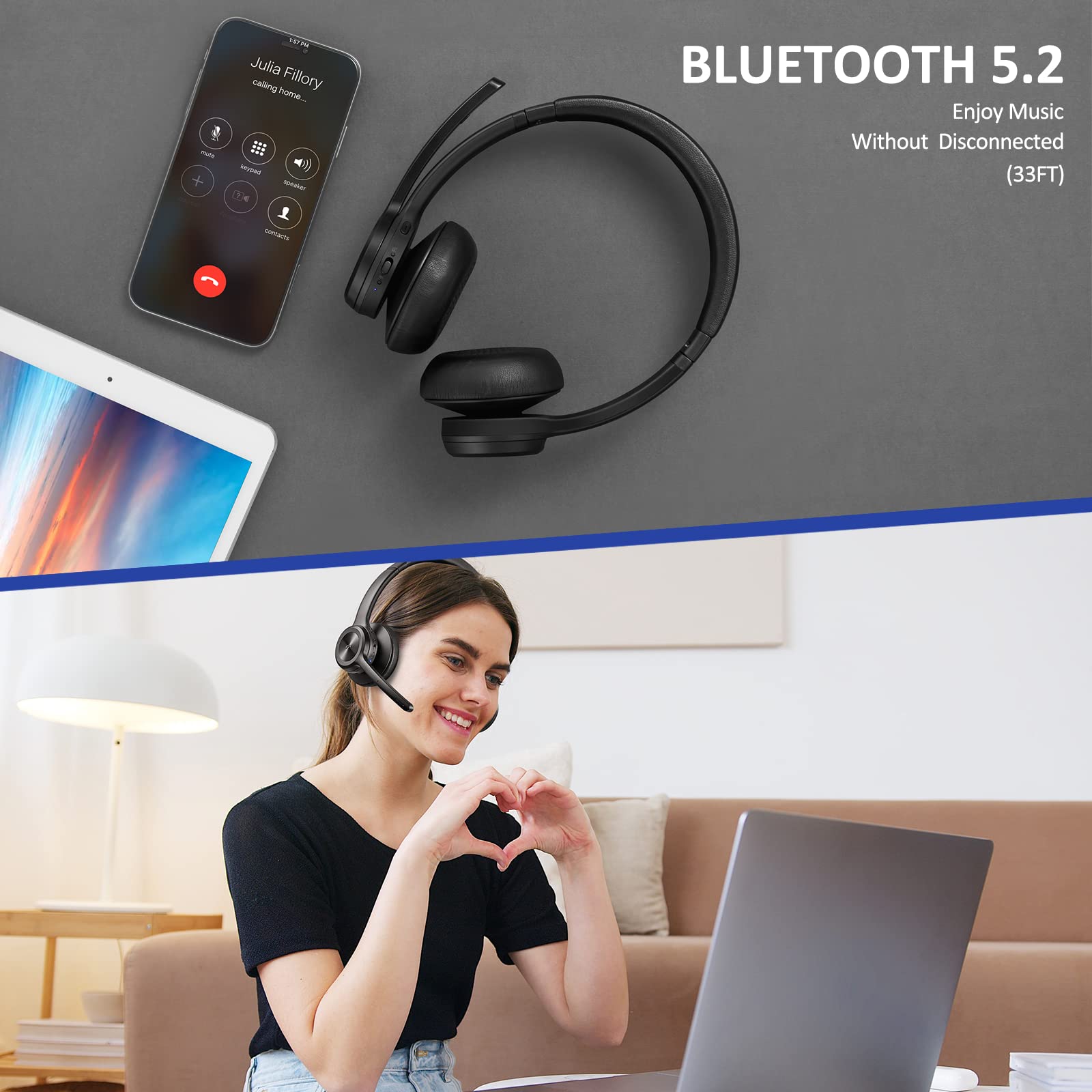 Bluetooth 5.2 Wireless Headphones with Noise Cancelling Mic, On-Ear Wireless Headset for Phone & Laptop, Ideal for Work, Gaming & Travel