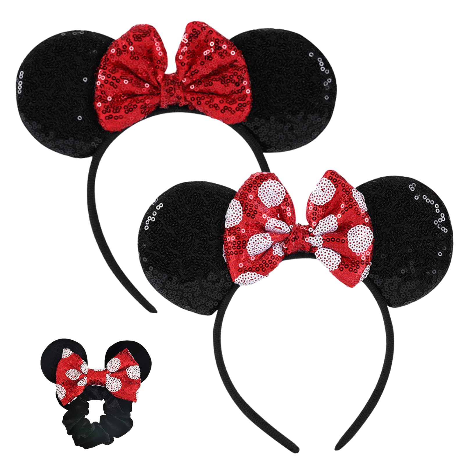 2PCS Sparkling Sequin Mouse Ears Headband with Matching Scrunchie - Women's Disney Inspired Hair Accessories for Birthday Parties, Theme Parks & Cosplay (Red)