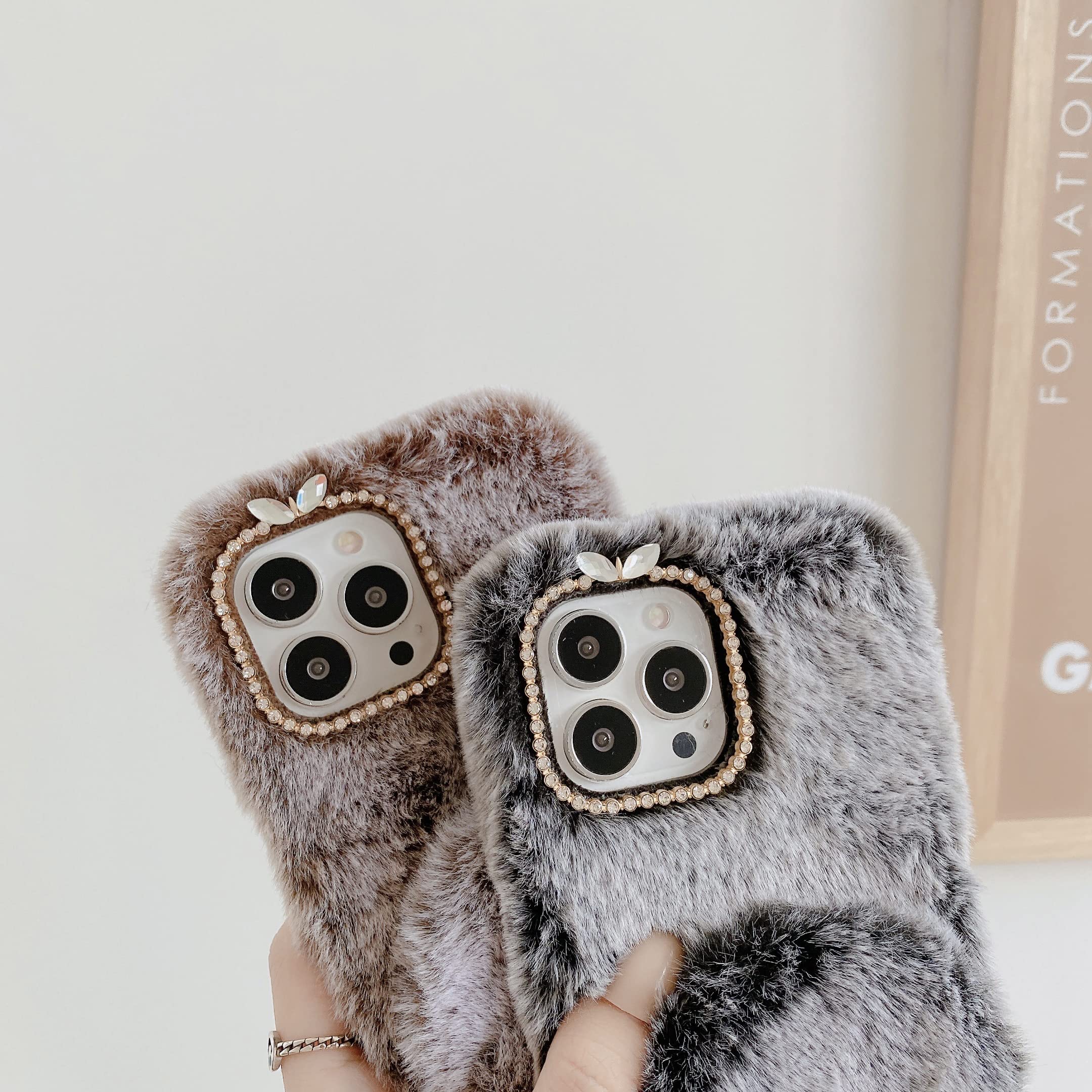 **Omio iPhone 12 Pro Max Case - Plush Fluffy Furry Cover with Detachable Makeup Mirror, Glitter Rhinestone Design, Winter Warm Cute Phone Case for Women & Girls - Perfect for Daily Use, Travel, and Gift Giving**