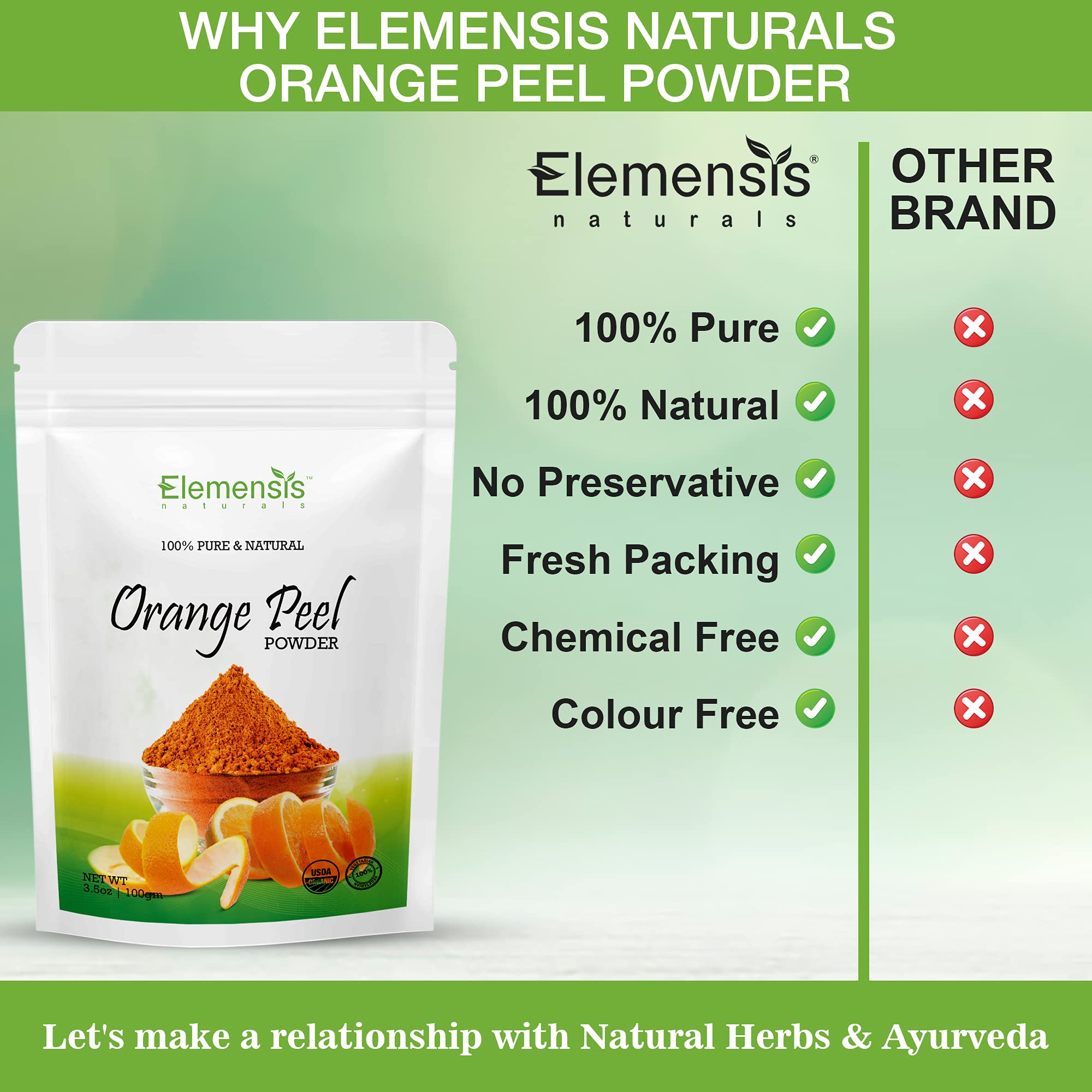 Elemensis Naturals Pure Orange Peel Powder for Skin Brightening - 100g Face Mask for Glowing Skin, Acne Treatment & Pimple Control - Natural Skin Whitening Solution for Daily Skincare Routine