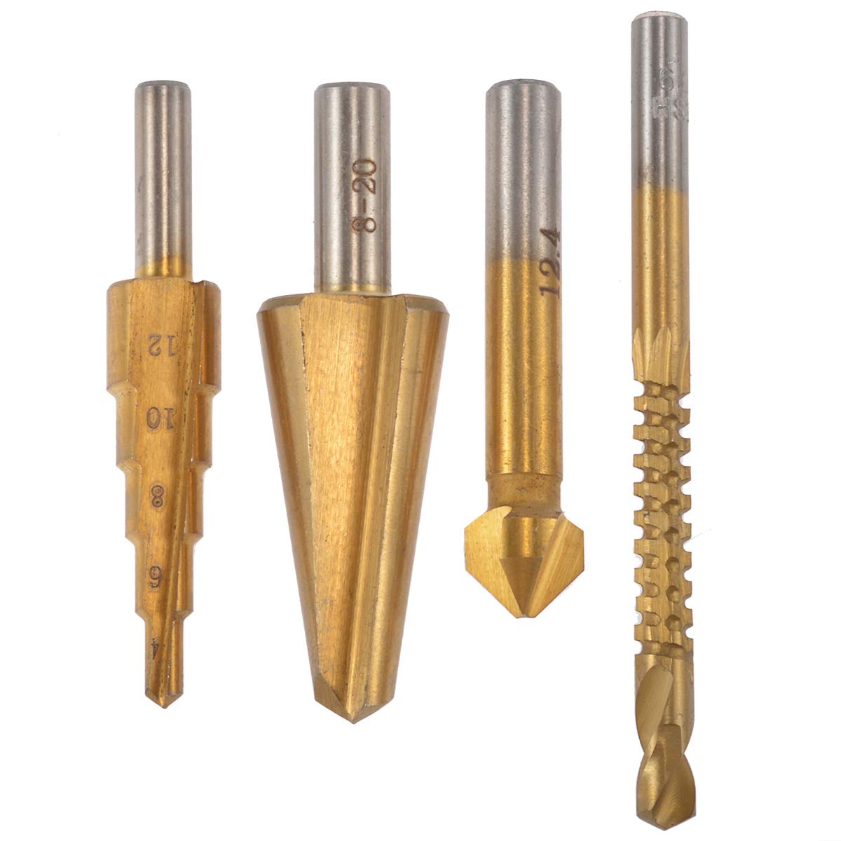 KATUR 4Pcs HSS Titanium Coated Drill Bit Set - 6mm Saw Twist, 4-12mm Step, 8-20mm Umbrella, 12.4mm Chamfering End Mill Cutter Countersink (Round Shank) | Perfect for Metal, Wood, Plastic Drilling & DIY Projects