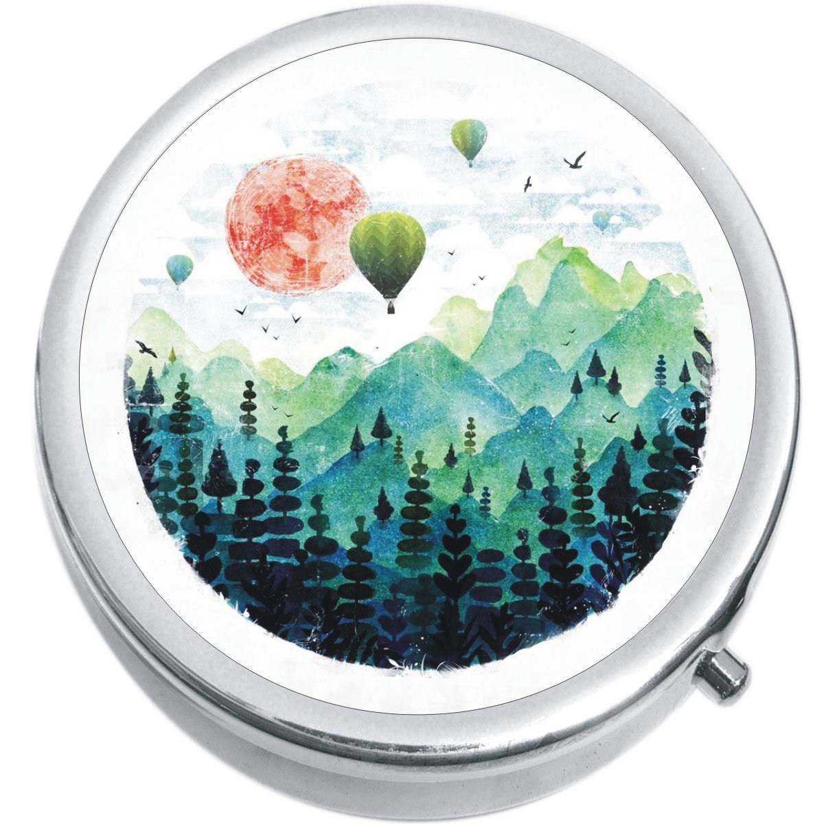 Watercolor Mountains Hot Air Balloons Pill Organizer - Portable Medicine Box for Travel, Hiking & Daily Use