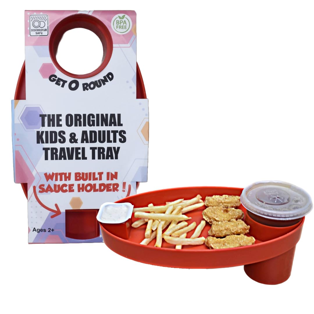 Kids Travel Tray for Car Seat - Toddler Snack Tray with Cup Holder & Sauce Container | Portable Car Seat Organizer for Snacks, Toys & Activities | Perfect for Road Trips & Family Travel (Red)